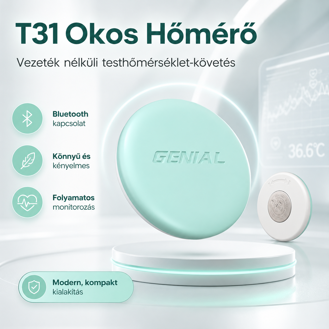 T31 okos hőmérő tapasz – vezeték nélküli testhőmérséklet-monitorozás